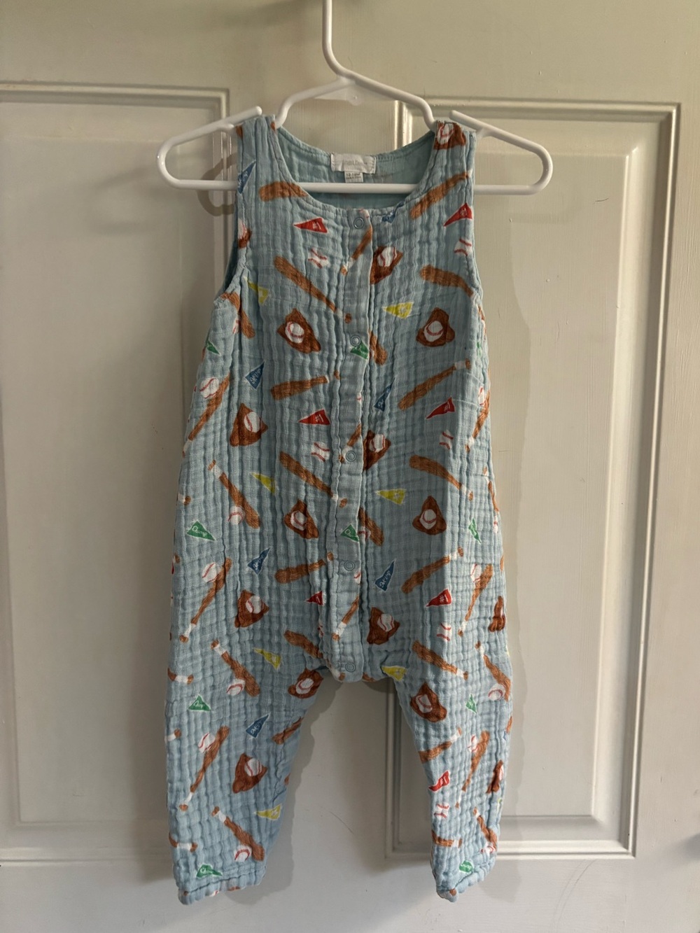 12-18M Angel Dear light blue baseball gear sleeveless muslin long romper. In EUC